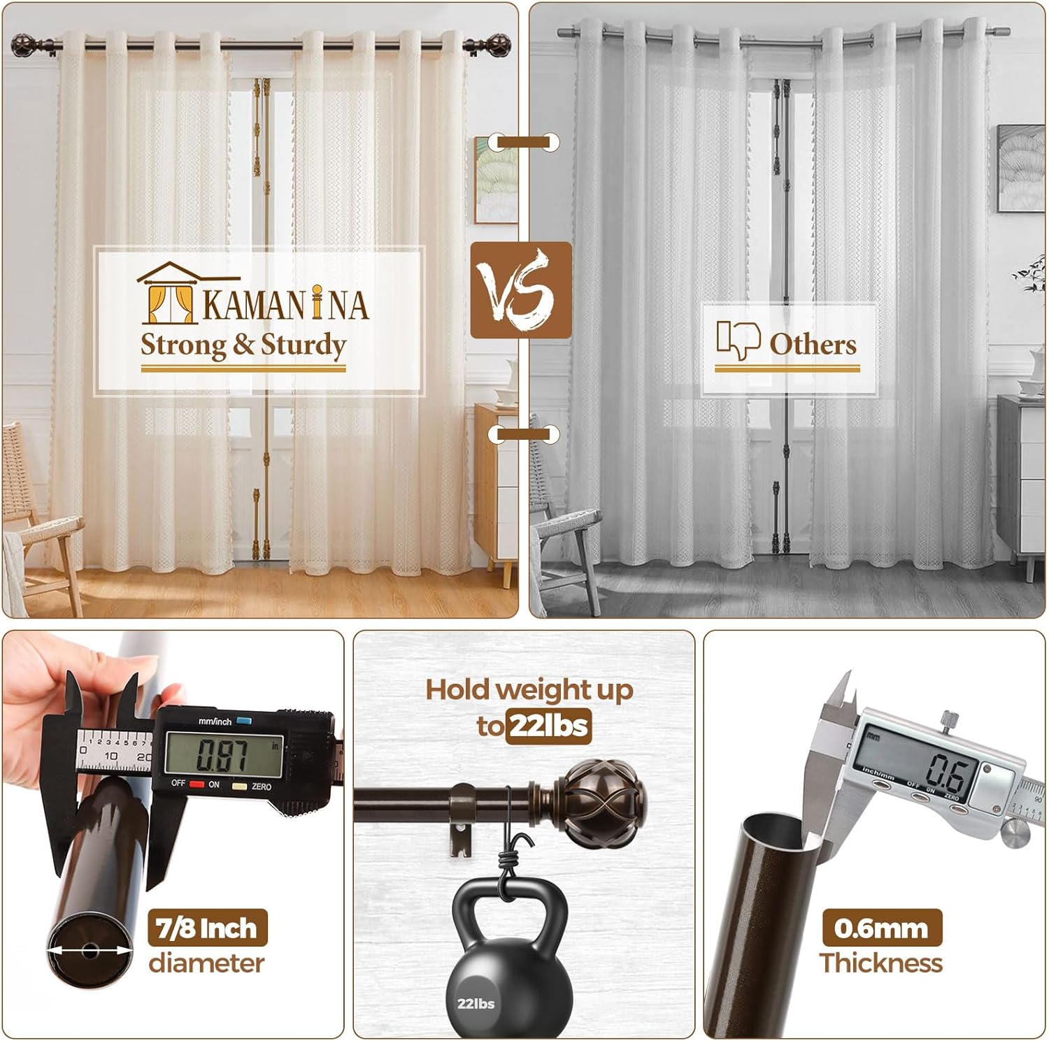 KAMANINA Curtain Rods for Windows 72 to 144 Inches (6-12ft) Long Heavy Duty Curtain Rod, 7/8 Inch Adjustable Decorative Drapery Rods with Netted Texture Finials, Bronze, Size: 32-144